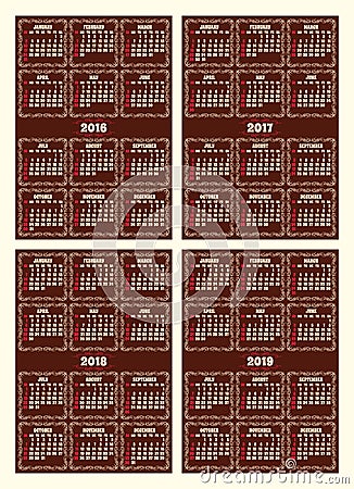 Set calendar grid in a retro style on brown background Vector Illustration