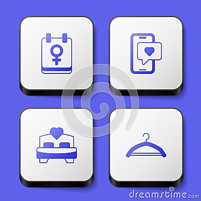 Set Calendar with 8 March, Mobile heart, Bedroom and Hanger wardrobe icon. White square button. Vector Stock Photo