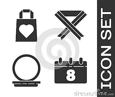 Set Calendar with 8 March, Shopping bag with heart, Makeup powder with mirror and Breast cancer awareness ribbon icon Vector Illustration