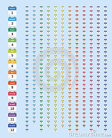 A set of 366 calendar notebook icons, for every day of the year. In a flat style. With the folded edges of the first sheet of pape Vector Illustration