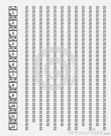 A set of 366 calendar notebook line icons, for every day of the year. Vector Illustration