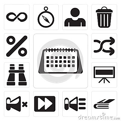 Set of Calendar, Notebook, Speaker, Fast forward, Mute, Television, Binoculars, Shuffle, Percent, editable icon pack Vector Illustration