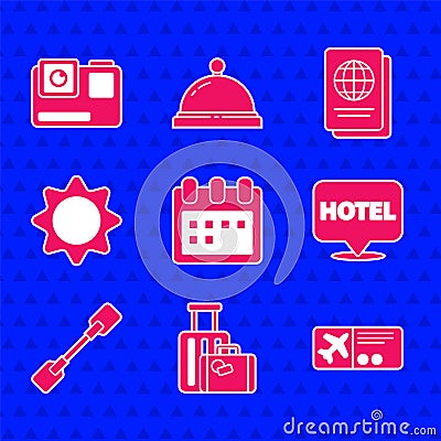 Set Calendar, Suitcase, Airline ticket, Location hotel, Paddle, Sun, Passport and Action extreme camera icon. Vector Stock Photo