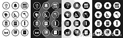 Set Calendar, Triangular ruler, Ringing alarm bell, Earth globe, Magnifying glass, Ruler and Calculator icon. Vector Vector Illustration