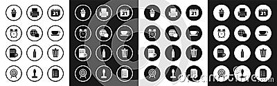 Set Calendar, World map made from speech bubble, Alarm clock, Flowers in pot, Coffee cup flat, Printer, Trash can and Vector Illustration