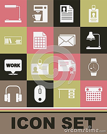 Set Calendar, Wrist watch, Table lamp, Resume, File document, Shelf with books, and Envelope icon. Vector Vector Illustration