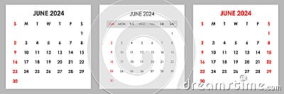 Set of calendars for June 2024. The week starts on Monday. Vector Illustration