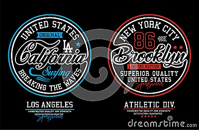 Set California and Brooklyn typography design, united states style, vectors Vector Illustration