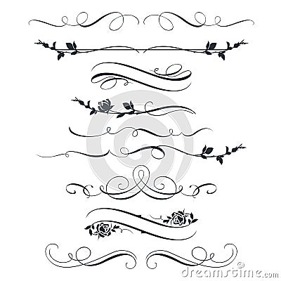 Set of calligraphic floral elements. Decorative roses silhouettes Vector Illustration