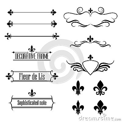 Set of calligraphic flourish design elements, borders and frames - fleur de lis Vector Illustration