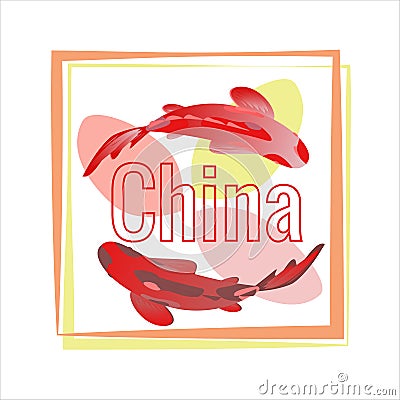 Set of calligraphy China, red koi carps in square frame. Vector Illustration