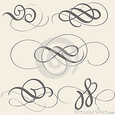 Set of calligraphy flourish art with vintage decorative whorls for design on beige background. Vector illustration EPS10 Vector Illustration