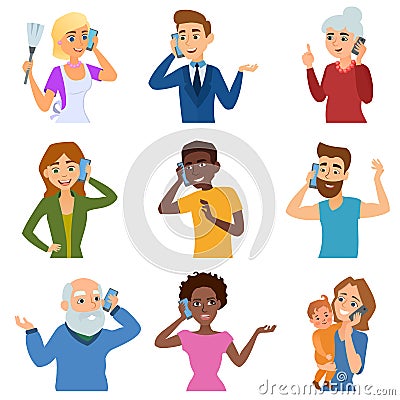 Set of calling mobile business adult people talking phone character vector illustration. Vector Illustration