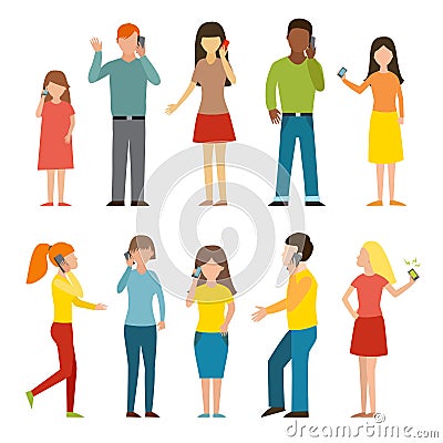 Set of calling mobile business adult people talking phone character vector illustration. Vector Illustration