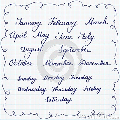 Set of callygraphic names of week days and months Vector Illustration