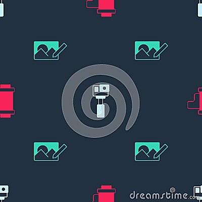 Set Camera roll cartridge, Action camera and Photo retouching on seamless pattern. Vector Vector Illustration