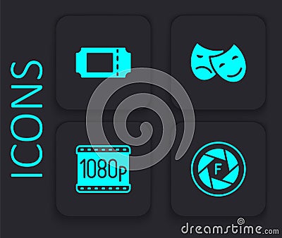 Set Camera shutter, Cinema ticket, Comedy and tragedy masks and Full HD 1080p icon. Black square button. Vector Vector Illustration