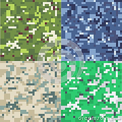 Set of camouflage military background in pixel style. Vector Illustration