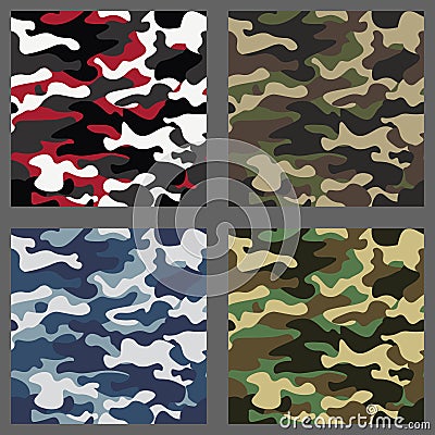 Set of camouflage seamless patterns background. Classic clothing style masking camo repeat print. Green,brown,black Vector Illustration