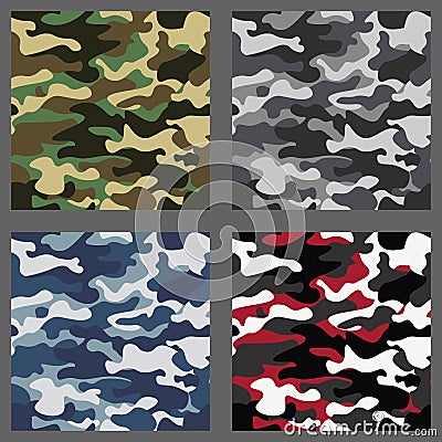 Set of camouflage seamless patterns background. Classic clothing style masking camo repeat print. Green,brown,black Vector Illustration