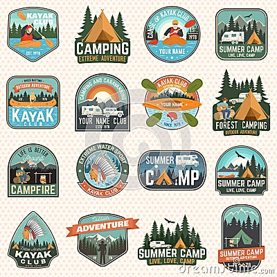 Set of camp and kayak club badges Vector. Concept for patch, print. Vintage design with camping, mountain, river Vector Illustration