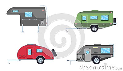 Set of camper trailer. Camping trailers for travel. Vector Illustration