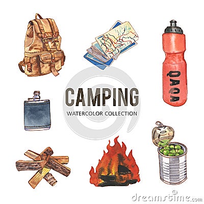 Set of camping creative watercolor illustration on white background Cartoon Illustration