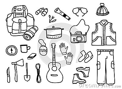 Set of camping elements with touristic accessories and equipment. Hand drawn style. Isolated Vector Illustration