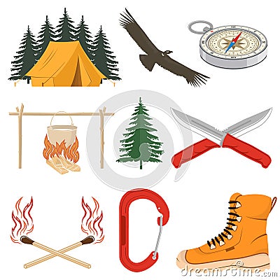 Set of camping equipment collection. Vector illustration. Set include: camping tent, condor, fire match sticks, hiker Vector Illustration