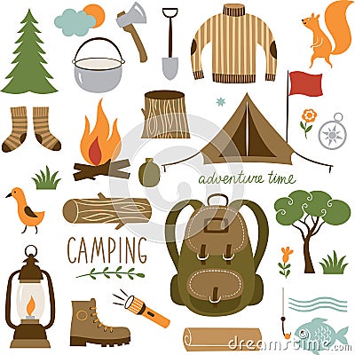 Set of camping equipment icon set Vector Illustration