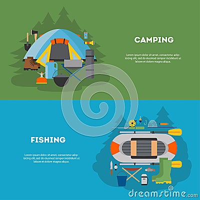 Set of camping and fising flat design. Vector Illustration