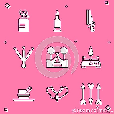 Set Camping gas stove, Bullet, Shotgun, Bird footprint, Tourist tent, Hunter hat with feather and Slingshot icon. Vector Vector Illustration