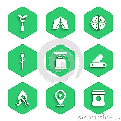 Set Camping gas stove, Compass, First aid kit, Swiss army knife, Campfire, Marshmallow on stick, Wind rose and Sausage Vector Illustration