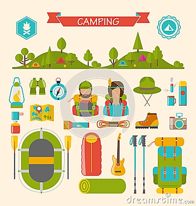 Set of Camping and Hiking Equipment Vector Illustration