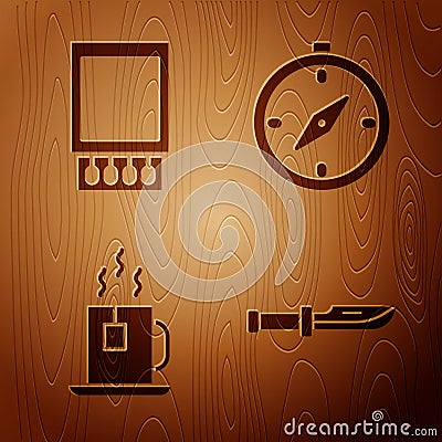 Set Camping knife, Open matchbox and matches, Cup of tea with tea bag and Compass on wooden background. Vector Vector Illustration