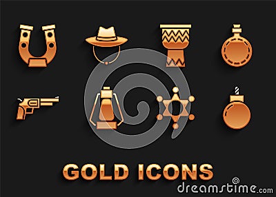 Set Camping lantern, Canteen water bottle, Bomb ready to explode, Hexagram sheriff, Revolver gun, Drum, Horseshoe and Vector Illustration