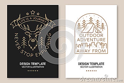 Set of camping template. Vector. Line art flyer, brochure, banner, poster design with elk, camping tent, forest Vector Illustration