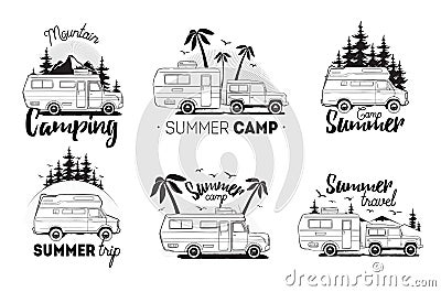 Set of camping trailer logo. camper vans against landscape background with lettering mountain, summer camp, trip. Black Vector Illustration