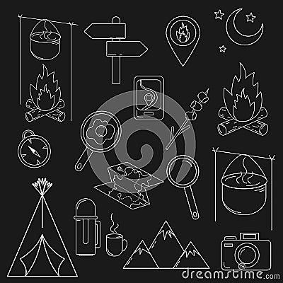 Set for camping in white flat linear style on a transparent background Vector Illustration