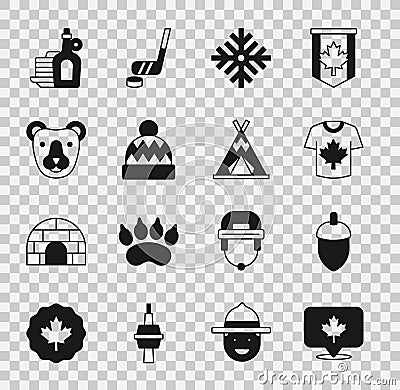 Set Canadian maple leaf, Acorn, Hockey jersey, Snowflake, Beanie hat, Bear head, Syrup with pancakes and Indian teepee Vector Illustration