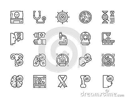 Set of Cancer and Chemotherapy Line Icons. Oncology, Sarcoma, Leukemia and more. Vector Illustration