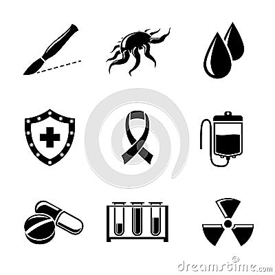 Set of Cancer icons with - shield, virus cell Vector Illustration