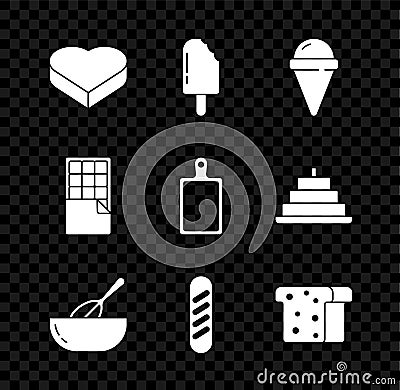 Set Candy in heart shaped box, Ice cream, waffle cone, Kitchen whisk bowl, French baguette bread, Bread toast, Chocolate Vector Illustration