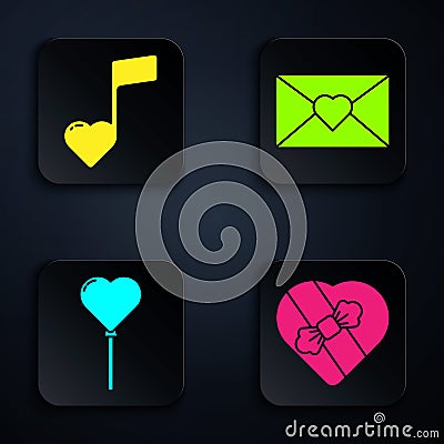 Set Candy in heart shaped box, Music note, tone with hearts, Balloons in form of heart and Envelope with Valentine heart Vector Illustration