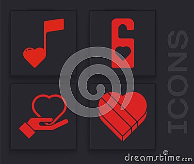 Set Candy in heart shaped box, Music note, tone with hearts, Please do not disturb with heart and Heart on hand icon Vector Illustration