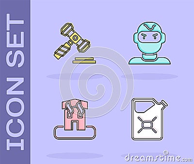 Set Canister fuel, Judge gavel, Arson home and Thief mask icon. Vector Vector Illustration