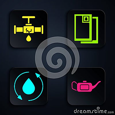 Set Canister for motor oil, Broken pipe with leaking water, Oil drop and Barrel oil. Black square button. Vector Vector Illustration