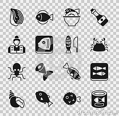 Set Canned fish, Crab, Served on bowl, Fish head, Fisherman, Mussel and with sliced pieces icon. Vector Stock Photo