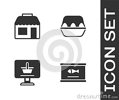 Set Canned fish, Market store, Shopping cart on computer and Chicken egg box icon. Vector Vector Illustration