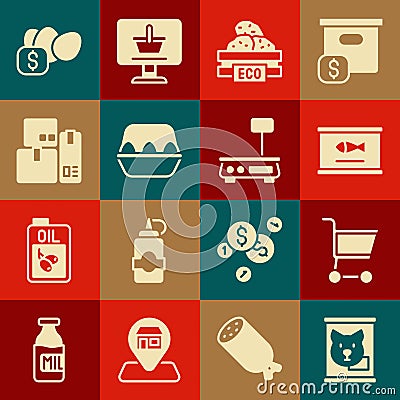 Set Canned food, Shopping cart, fish, Wooden box for fruits, Chicken egg, Cash register machine, Price tag and Stock Photo